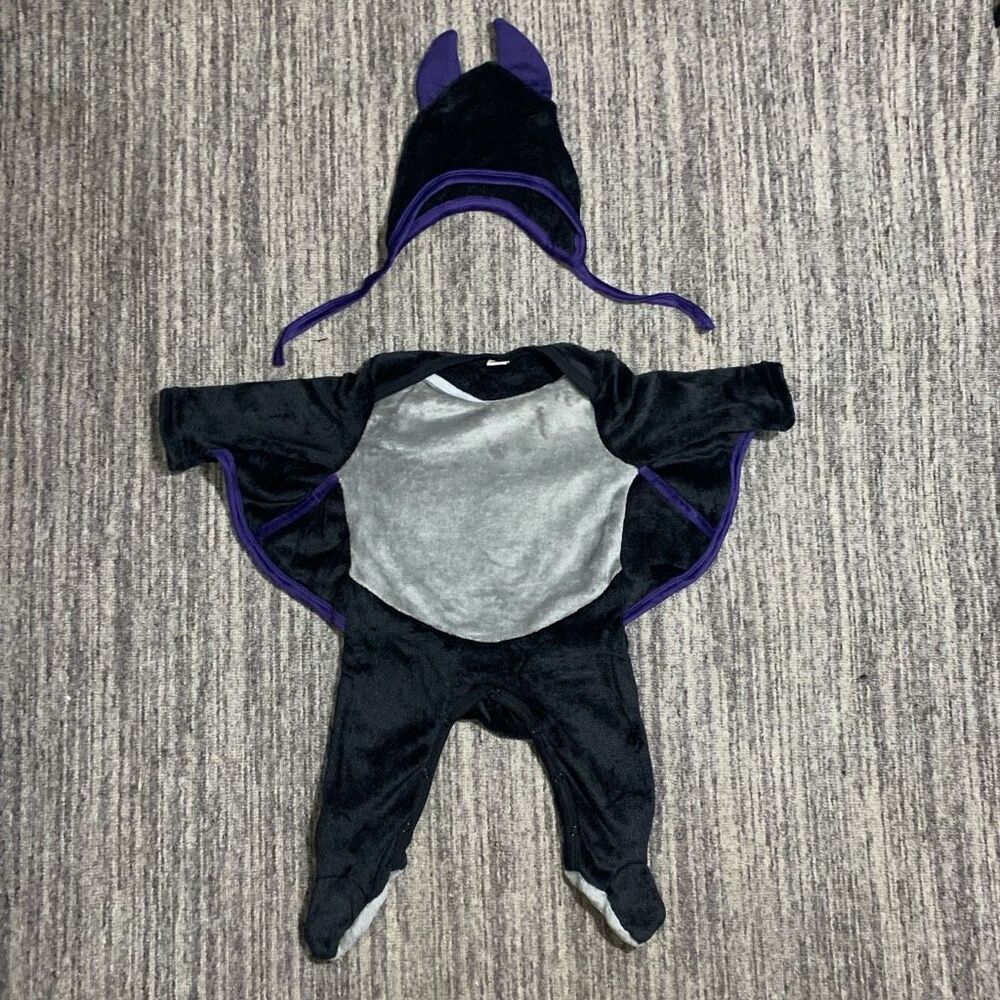 Unisex Babies 6-12 months Black Bat Suit Costume Footie‎ With Hat Halloween